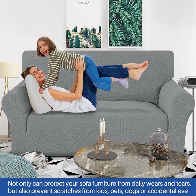 YEMYHOM Couch Cover Latest Jacquard Design High Stretch Sofa Covers for 2 Cushion Couch, Pet Dog Cat Proof Loveseat Slipcover Non Slip Elastic Furniture Protector (Medium, Begonia Leaf Dark Grey)