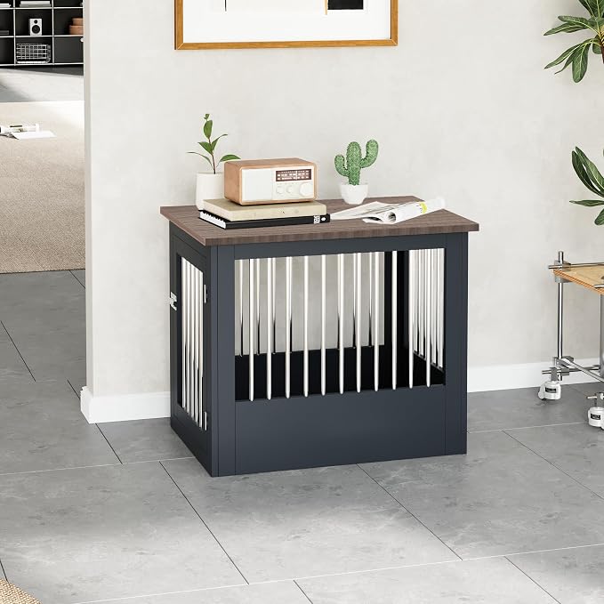 30" Wooden Dog Crate Furniture,Medium Kennel Pet Cage End Table for Indoor | for Small Medium Dogs, Grey and Wood, Fits Living Room Bedroom, Heavy Duty Steel Frame with Lock 45 lbs Cap, 100 lbs Top.
