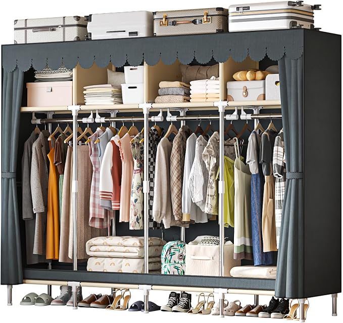 Large Portable Armoire Wardrobe Closet with 4 Hanging Rods and Lockers,Metal Storage Wardrobe Clothes Rack with Dust Cover for Clothes,16.7 in Wide,Bedroom,Gray (Grey, 77.5 in)