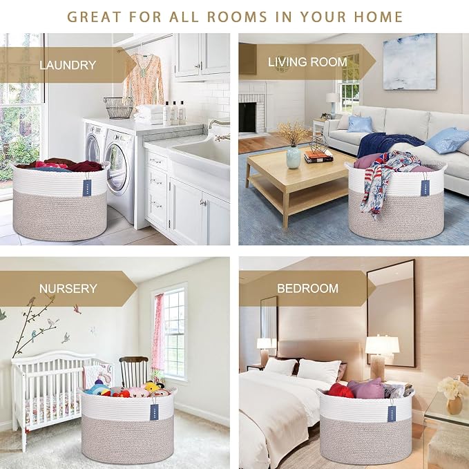 COMSE XXXLarge Woven Blanket & Laundry Basket, 87L, White & Light Brown | 21.7" x 13.8", Cotton Rope, Nursery Hamper for Storage of Toys Clothes Towels, Ideal for Living Room Bedroom Bathroom