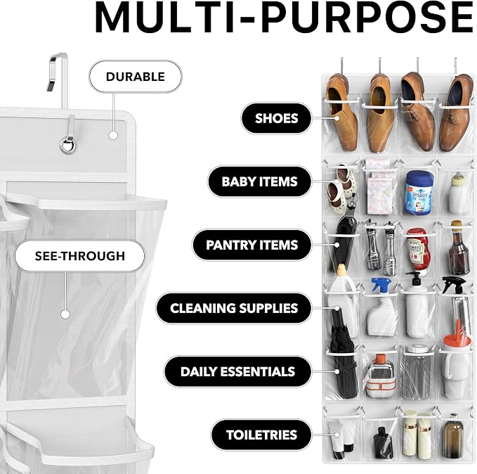 Simple Houseware 24 Pockets Large Clear Over the Door Shoe Organizer, White | 56" x 22.5", 4 Durable Metal Hooks, 5" x 9" Pocket Size, Multipurpose