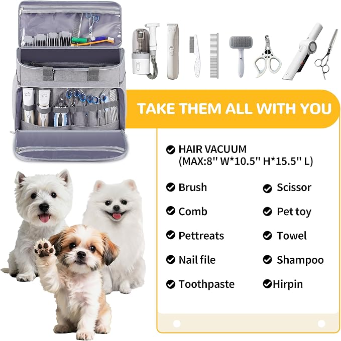 Dog Cat Grooming Bag for Vacuum,Scissors,Dog Grooming Kit Supplies | Portable Pet Grooming Supplies Organizer Tote Bag for Dogs Cats Grooming Kit Trimmer Tool Accessories Grey(Bag Only)