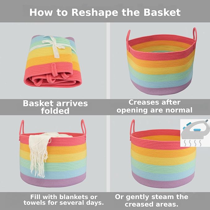 XUANGUO 66L Large Blanket Basket, Round Cotton Rope Basket, Rainbow | 20" x 13" Laundry Basket with Sturdy Handles for Blankets, Pillows and Toys; Storage for Living Room, Bedroom and Nursery