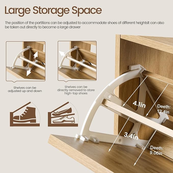 FurSch Fluted Shoe Storage Cabinet with 3 Flip Drawers, Narrow Shoe Rack Cabinet Organizer with Adjustable & Removable Shelves for Entryway (All Natural, 3 Drawers)