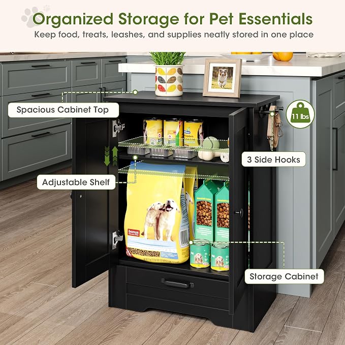Dog Feeding Station with Storage Cabinet, Black Wood Dog Cabinet with 2 Elevated Stainless Steel Bowls, Hidden Pull-Out Feeder Drawer, Pet Feeding Station for Kitchen and Living Room