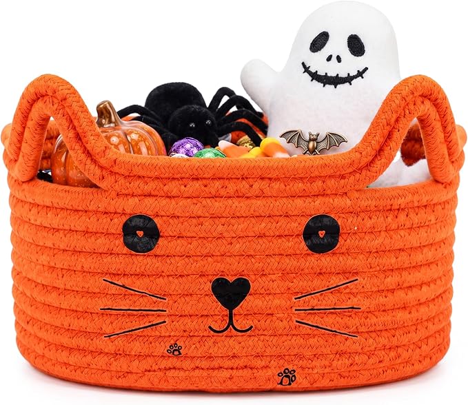 Zopeal Cat Storage Basket Woven Organizer with Ears Decorative Gift Cute Cotton Rope Pet Toy Basket for Gift Cat Dog Toy Bin Nursery Room(8.3 x 4.7 Inch,Orange) | Cute Cotton Rope Organizer with Handles for Toy Box, Nursery Decor, Decorative Bin, Pet S...