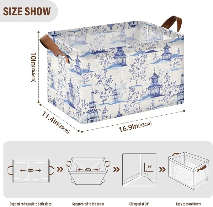 Chinoiserie Padogas Willow Tree Blue Storage Basket Foldable Cube Storage Bins with Handles&Label Waterproof Collapsible Organizer Box Bin Large Rectangle Decorative Baskets for Shelves Home Room