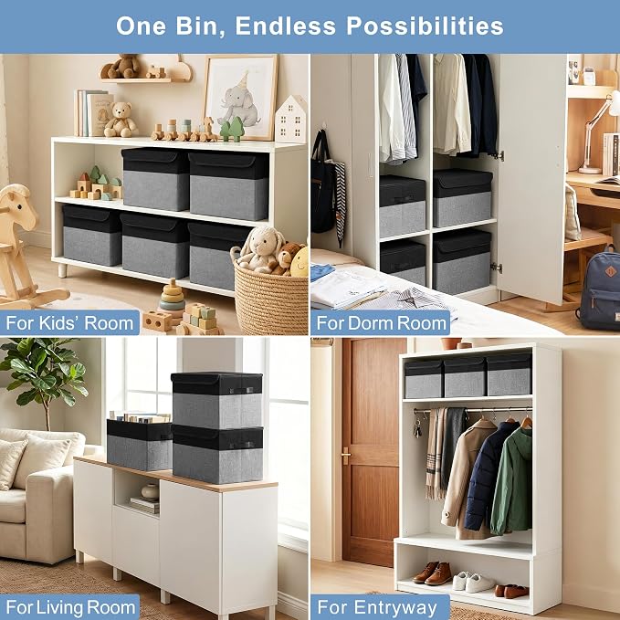 Large 22 Quart Linen Fabric Foldable Storage Bin Cube Organizer Basket with Flip-Top Lid & Handles, Clothes Blanket Box for Home, Office, Closet, Black & Gray, 4 Pack 14.6 x 9.5 x 9.5