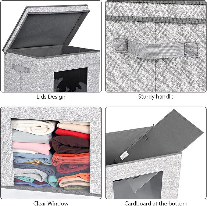 Univivi Fabric Storage Bins with Lids for Closet, 4 Pack, Grey | Fabric Foldable Storage Boxes, Sturdy Collapsible Storage Bins with Clear Window, Storage Bins for Home, Closet, Shelves