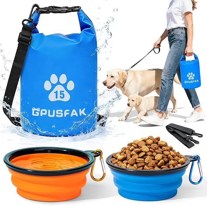Pet Food Storage Bag with Bowl (96 Cup) - Zip Roll Top Dog Food Travel Bag Waterproof Kibble Container for Camping Road Trips Travel Dog Boarding Weekend Getaways Machine Washable 15L Blue