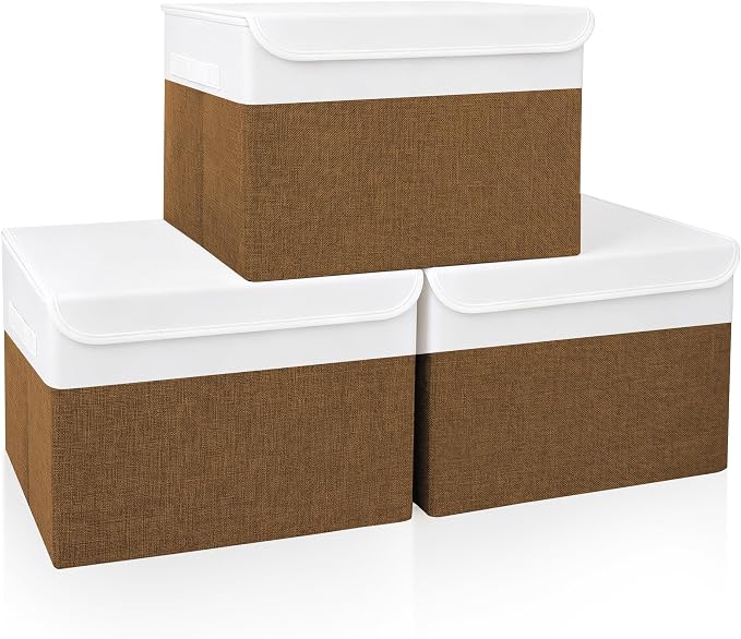 Large 17" 42 Quarts Collapsible Stackable Storage Bins with Lids [3-Pack] Foldable Fabric Linen Storage Boxes Cube, Closet Organizer Baskets with Label for Home (16.7 x 12 x 12", Brown & White)