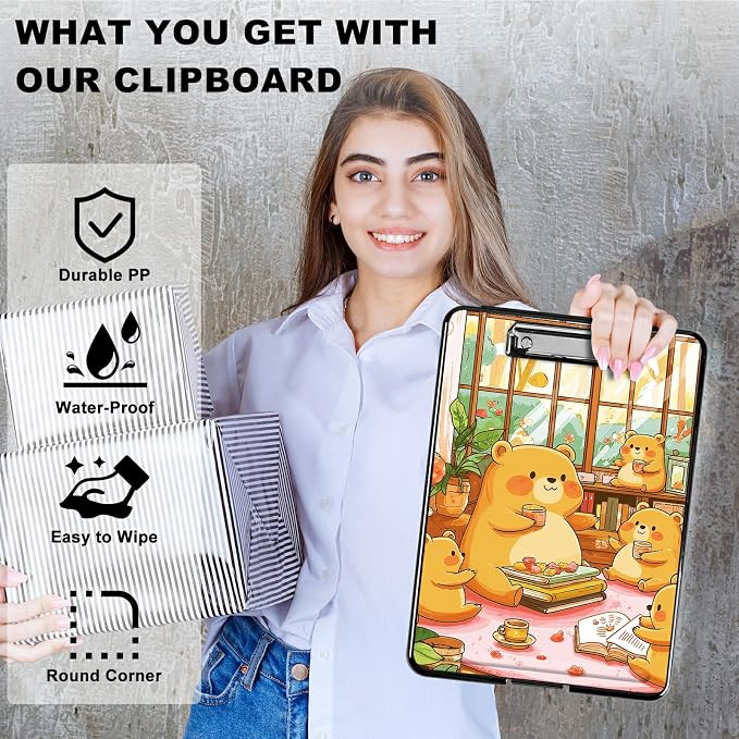 Heavy Duty Storage Clipboard, Slim Nursing Clipboard with Internal Pen Case, Portable File Organizer Case for A4 Letter Size Paper Office Medical Professionals, Bear Lunch