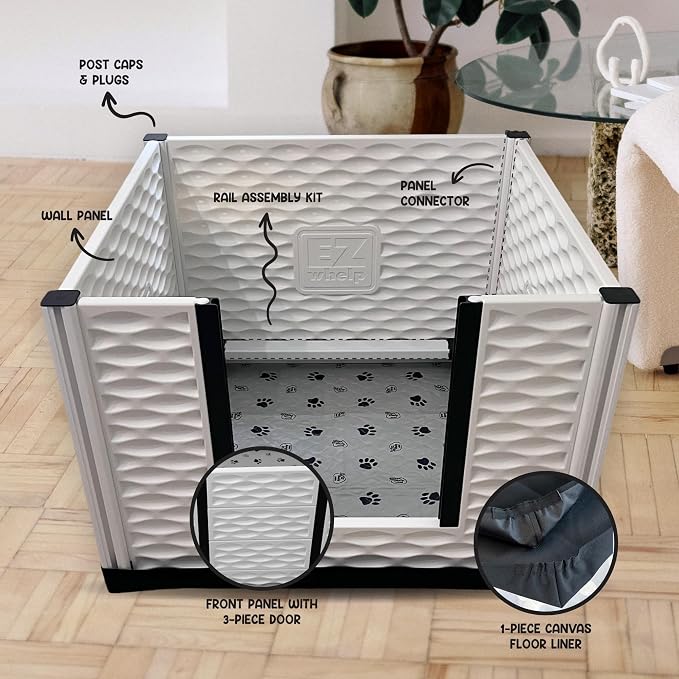 EZclassic Dog Whelping Box with Rails, Padded, Small 28" x 28" | Whelping box with gray washable pad, internal puppy safety rails and windowed walls for a comfortable, safe birthing area