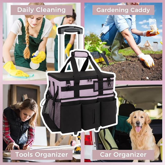 SCAVATA Rolling Cleaning Caddy Bag with Detachable Trolley, Large Cleaning Supplies Organizer with Wheels, Multi-Pocket Cleaning Cart with Adjustable Shoulder Strap for Housekeepers (Lilac)