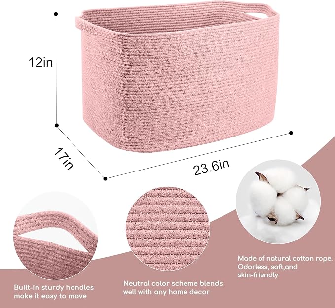 Extra Large Pink Storage Basket, 23.6" x 17" x 12" Rectangle Blanket Basket Living Room, Woven Cotton Rope Basket, Toy Basket Bins, Pink Baskets for Decor, Wicker Baby Laundry Basket