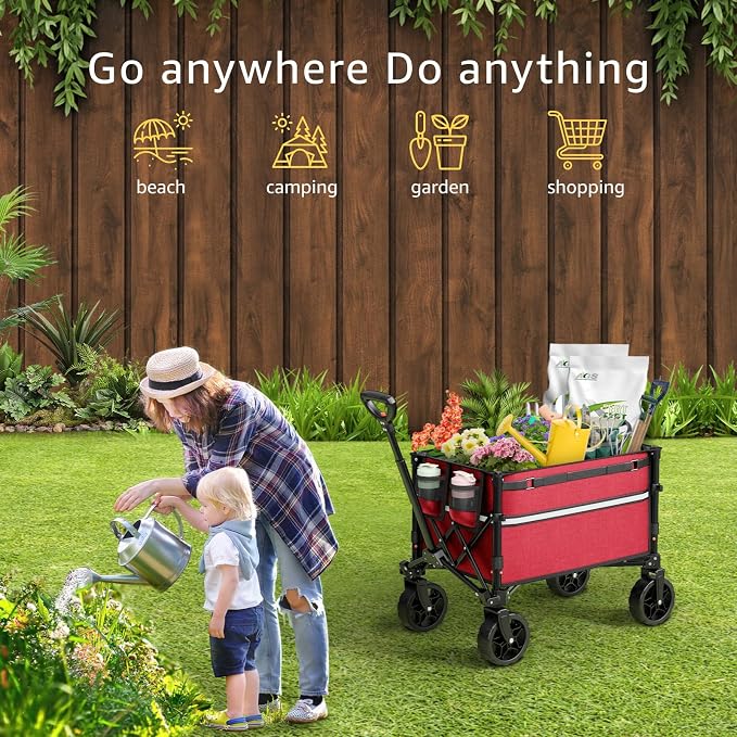 ROSONG Collapsible Wagon Cart with Wheels Foldable - Folding Utility Heavy Duty Wagons Carts for Grocery Sports Garden Shopping Camping Wheelbarrows, Burgundy