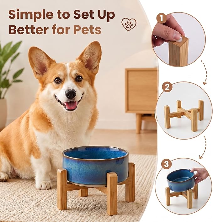hjn Elevated Ceramic Dog Bowl with Bamboo Stand, Raised Pet Feeding Station for Small Medium Dogs Cats, Modern Design with Anti-Slip Base (Deep Blue, 3.6Cup)