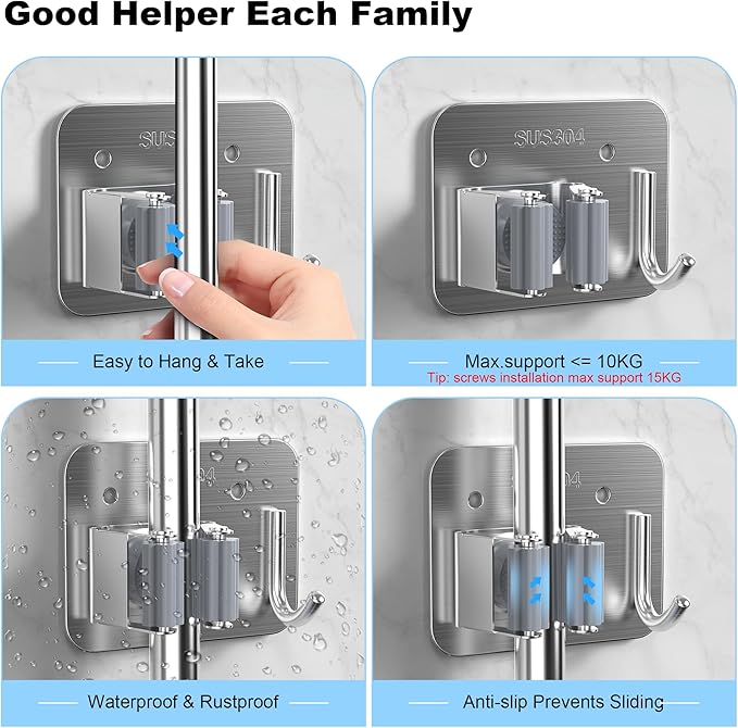 4 Pack Stainless Steel Mop and Broom Holder Wall Mount with Hook, Silver | Screw Drilling or Self Adhesive Storage Rack for Closet Laundry Garage Garden Tool Organizer