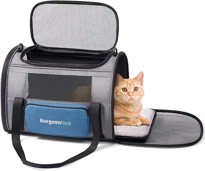 BurgeonNest Cat Carrier for Cats up to 20 Lbs, Soft-Sided Escape Proof | Top Load Pet Crate for Medium to Big Kitten Small Puppy Transport with Unique Side Bag, Home Outdoor Car Travel, Medium Blue