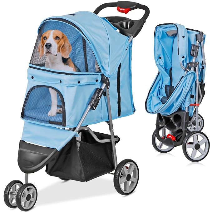 ZENY Pet Stroller for Small/Medium Dogs and Cats Foldable Dog Stroller | with 3 Wheels, Pet Strolling Cart, Dog Travel Carrier with Storage Basket, Cup Holder, Blue