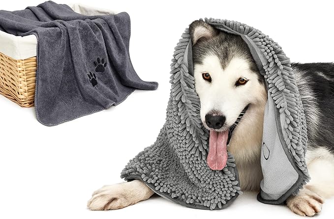 HOMEIDEAS 2 Pack Dog Towels Set, Chenille and Microfiber, Super Absorbent Soft Bath Shammy Towel with Hand Pockets for Pets Drying
