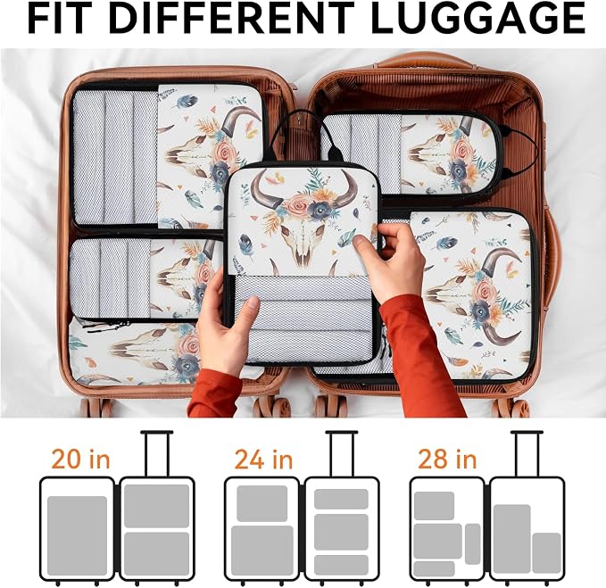 Western Bull Skull 6 Set Compression Packing Cubes | Cow Skulls Travel Accessories Expandable Packing Organizers Space Saver Bags for Organizing Clothes