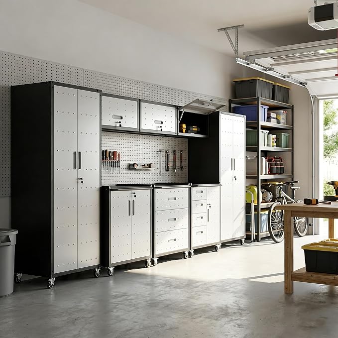 Garage Cabinet System | Heavy Duty Steel All-in-One Modular Garage Cabinet Set for Ultimate Workshop Organization | Easy Assembly Garage Storage Cabinets & Tool Bench
