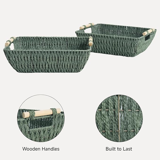StorageWorks Large Wicker Basket, Woven Basket for Shelves, Bosana Green | Wicker Storage Baskets for Shelves, Baskets with Wooden Handles, 2-Pack Gifts Basket for Home Decor, Hand-Woven Basket