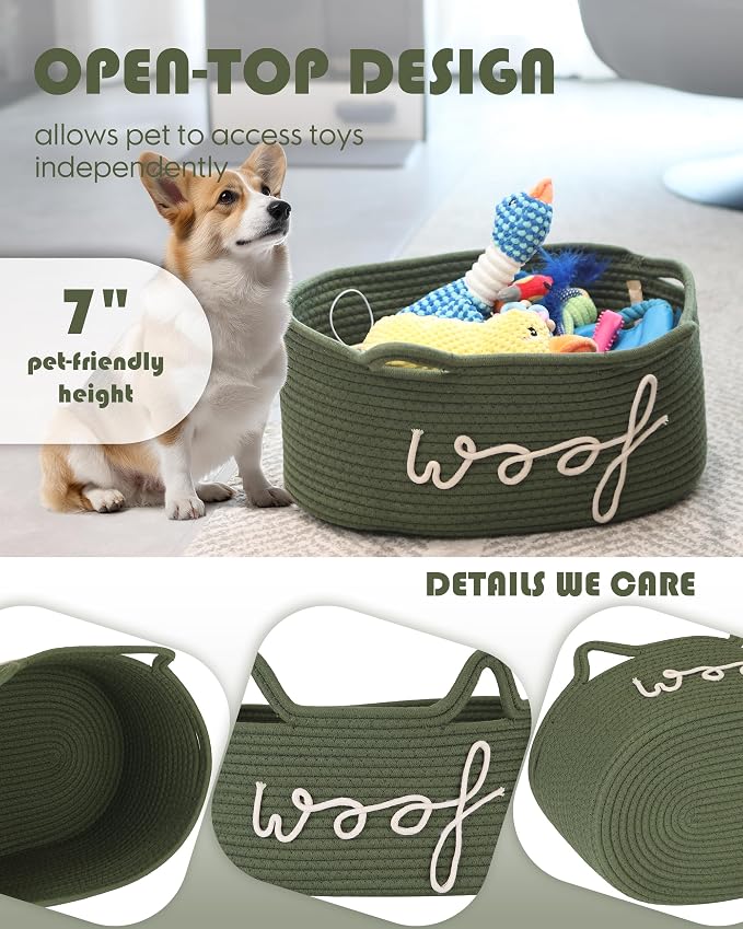 Sea Team Dog Toy Storage Basket with Handles and Ears, Green Woof | Large Cotton Rope Storage Bin, Shelf Basket, Organizer for Pet Chew Toys, Foods, 16.5 x 11 x 7 Inches, 4.4 Gallons