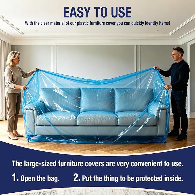 Extra Large Sofa Moving Cover for Storage Transportation | Sofa Couch Clear Plastic Moving Cover with Labels, Waterproof and Dust Proof, Bag Open Size 92x 62 x 42 Inch, Blue