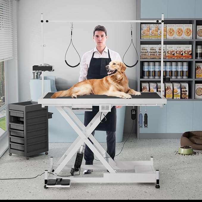 Electric Dog Grooming Table for Large Dogs - Professional Heavy Duty Height Adjustable Home Indoor Pet Grooming Station with Grooming Arm, Anti Slip Tabletop & Tool Organizer, 50''/White