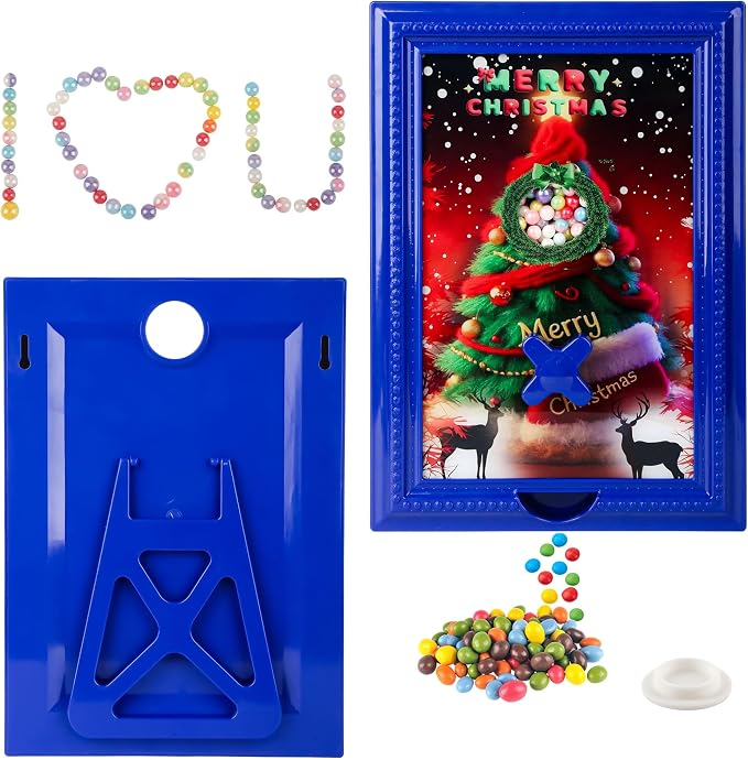 Candy Dispenser Picture Frame, Wall-Mount & Tabletop Gumball Machine with Multiple Designs for Candy, Nuts, Treats, Interactive Home and Office Decor (Christmas Tree, Blue)
