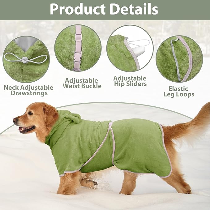 Dog Bathrobe Super Absorbent Towel Robe - Microfiber Bath Towels Fast Drying Coat for Dogs, Cute Dogs Clothes Adjustable Collar & Belly Strap Warm Keeping Hooded Dog Towel (Olive Green, XX-Large)