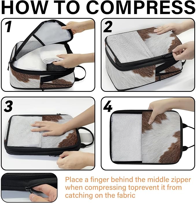 Cow Print 6 Set Compression Packing Cubes Farmhouse Cow Expandable Packing Organizer for Travel Accessories Luggage Suitcase Bag