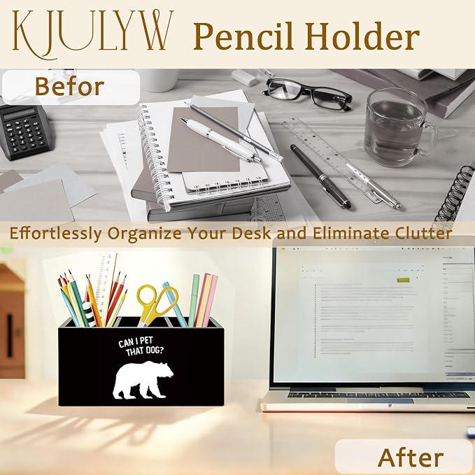 Funny Bear Pen Holder for Desk, Bear Lover Gifts for Women Men, Can I Pet that Dog Wooden Box Pencil Pen Holder Organizer for Home Office Desk Accessories