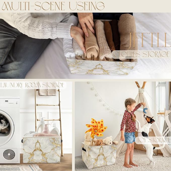 White Gold Marble Storage Bins with Handles, Modern Room Decor, Abstract White Marble Texture Collapsible Laundry Basket Storage Box for Home Bedroom Bathroom Clothes Toys Books