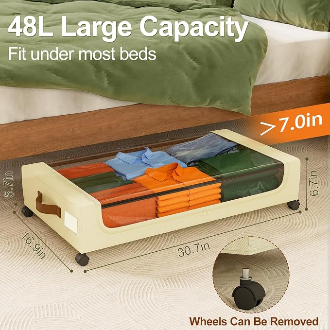 GoMaihe Under Bed Storage with Wheels 48L Beige 2-Pack | Underbed Storage Containers with Lids Rolling Bins for Shoes Clothes in Dorm Bedroom - Metal Drawers Easy Pull-out