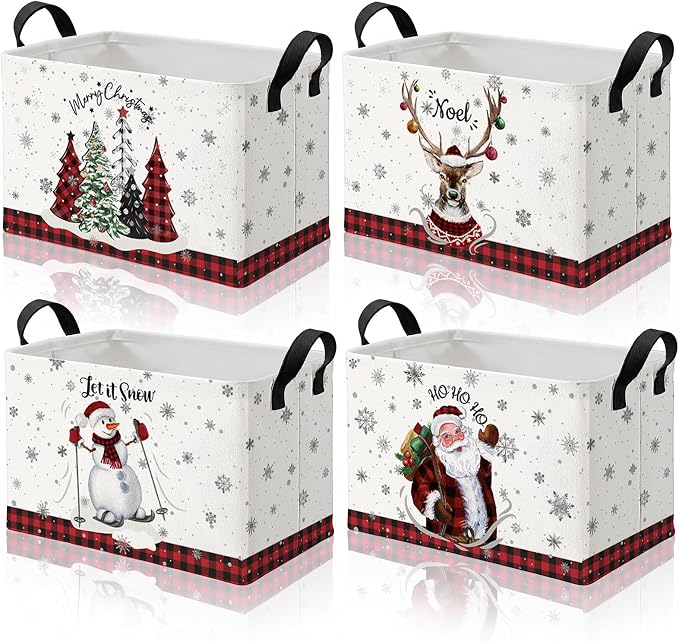 4 Pcs Christmas Storage Basket for Gifts Empty Large Christmas Themed Storage Bins with Handles 15 x 10 x 8 Fabric Laundry Baskets Xmas Collapsible Organizer Boxes for Home Cloth Toys Books
