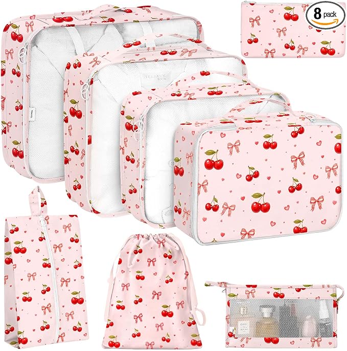KPX 8 Set Packing Cubes for Travel, Luggage Packing Organizers Accessories Large Toiletries Bag for Clothes Shoes Cosmetics (8Set-Cherry & Bow)
