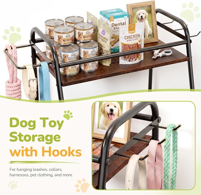 Large Dog Toy Basket, Metal Toy Bin for Dogs with Wood Countertop, Pet Toy Storage Basket with Collar Leash Holder Hook, Toy Holder for Dog Stuff Accessories, Toy Box for Living Room Area