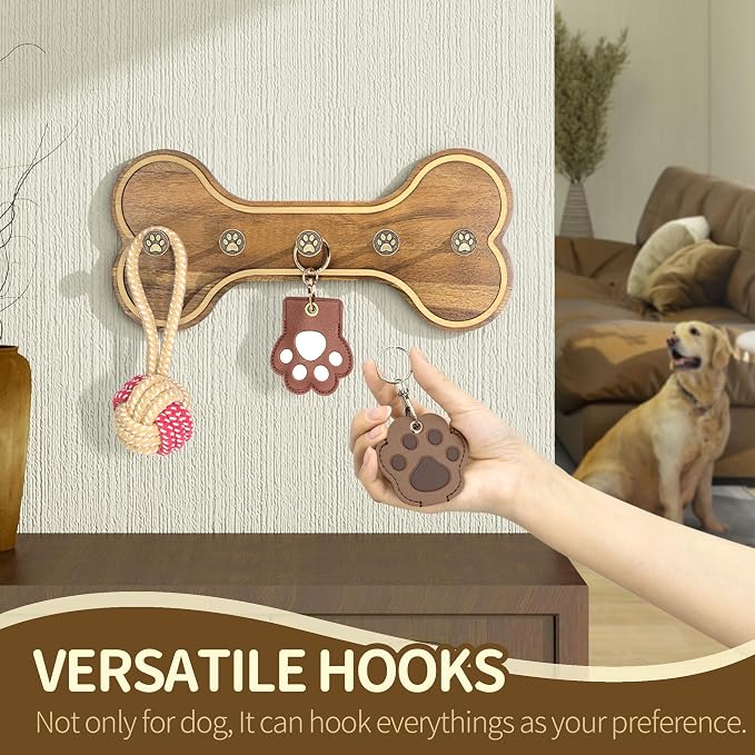 MTERSN Acacia Wood Dog Leash Holder Wall Mount with 3D Paws Hooks, Brown | Dog Bone Shape Dog Leash Holder for Wall, Key Holder Wall Mount, Cute Stuff for Pet Lover Gifts, Leash and Key Holder
