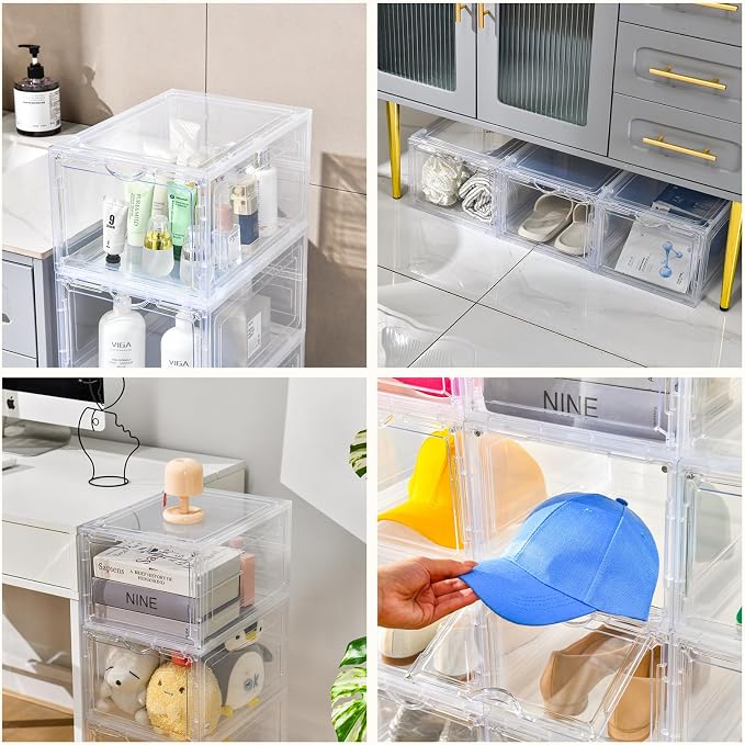 Clemate Upgraded X-Large Shoe Storage Box,8 Pack,Shoe Box Clear Plastic Stackable,Drop Front Shoe Box with Clear Door,Shoe Organizer and Shoe Containers For Sneaker Display,Fit up to US Size12