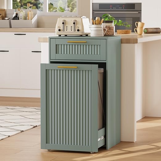 13 Gallons Pull Out Trash Can Cabinet, Hidden Trash Can, Green | Fluted Kitchen Trash Cabinet with Drawer, Freestanding Garbage Pet Proof Trash Can Holder for Laundry, Living Room
