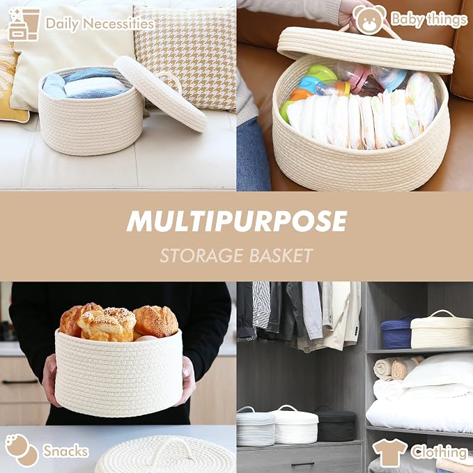 Sea Team Round Storage Basket, Woven Cotton Rope Basket with Lid, Cream | Decorative Knitted Storage Bin, Multi-Purpose Lidded Organizer for Closet Shelves, Nursery and Household Storage