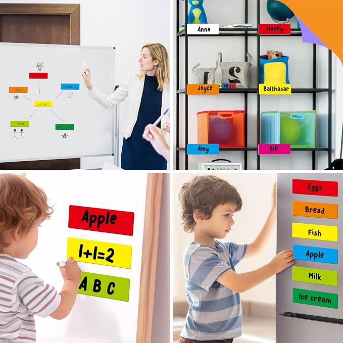 66 PCS Magnetic Name Tag Labels, 11 Colors Dry Erase Reusable Name Stickers for Whiteboards Locker Fridge School Office Home (Each Measures 1" x 3")