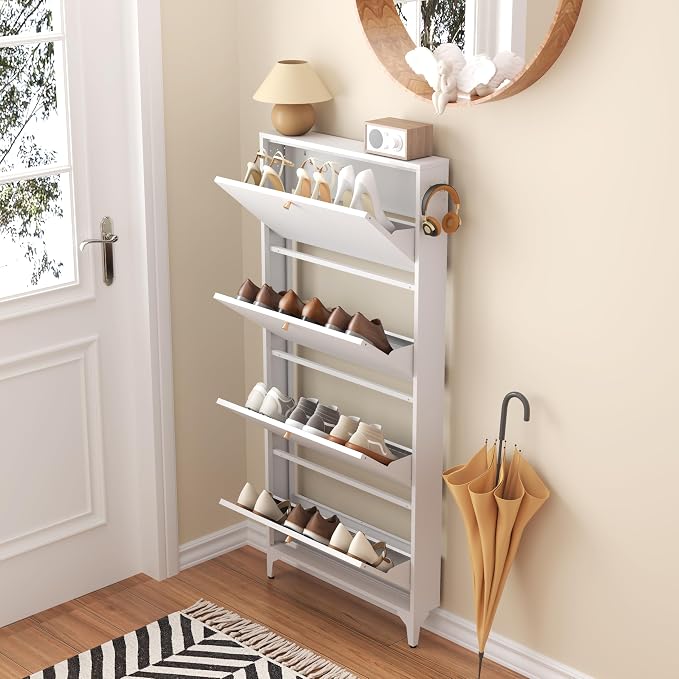 Shoe Cabinet with 4 Flip Drawers, Narrow Shoe Storage Cabinet, Farmhouse Shoe Organizer, Freestanding Organizer with Metal Legs for Entryway, Foyer (White, 4 Door)
