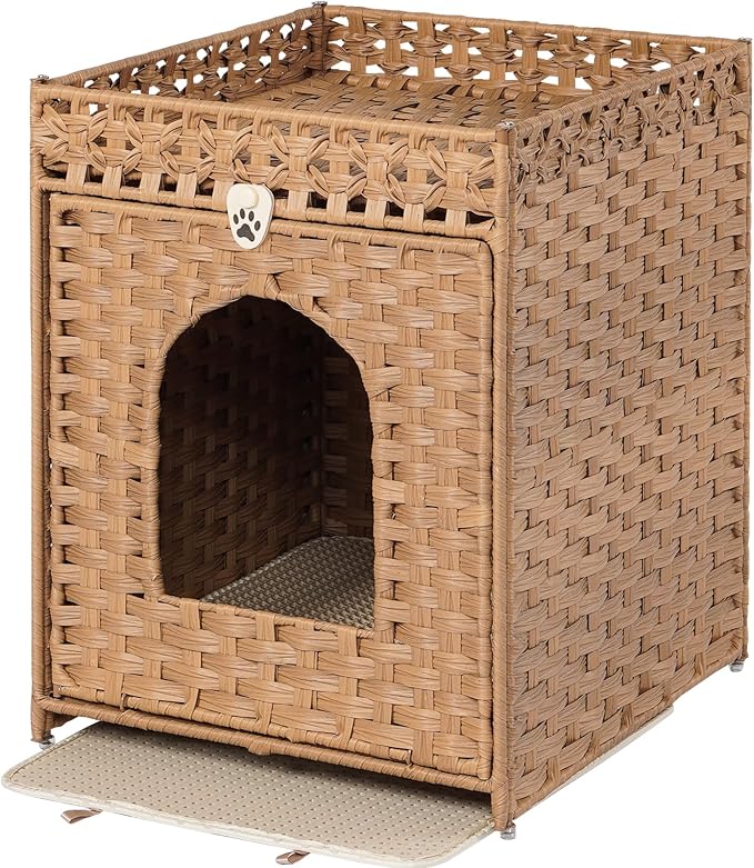 Snughome Cat Litter Box Enclosure Furniture Hidden with Litter Mat, Hidden Washroom Furniture with Door, Handwoven Rattan Cat Washroom Box, Indoor Pet House for Living Room, Bedroom(Natural)