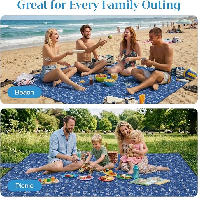 OIGAE Beach Blanket Waterproof Sandproof Oversized Beach Mat | Picnic Mat with Stakes, Storage Bag - Essentials for Outdoor Beach, Picnic,Quick-Dry Lightweight,Windproof Pockets