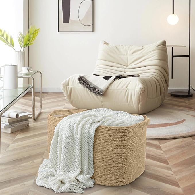 Large Jute Rectangle Rope Basket, 23.6" x 17" x 12" Blanket Storage for Living Room, Pool Towel Basket, Woven Baby Floor Laundry Hamper for Clothes, Toy Storage Bin, Bathroom Towel Storage