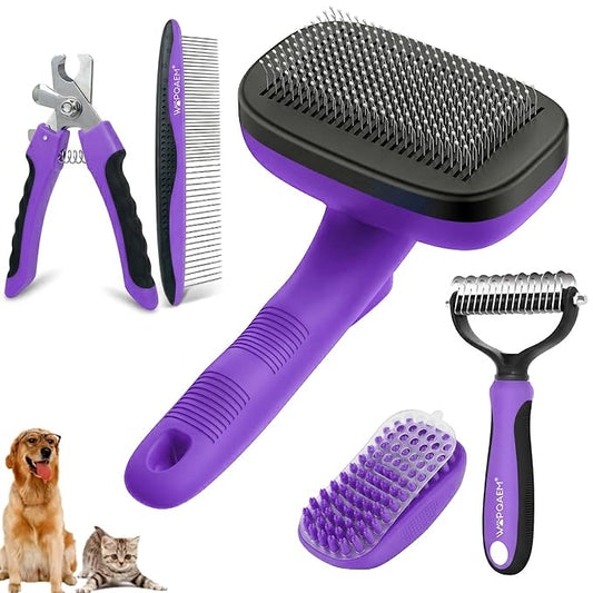 Self Cleaning Slicker Brush & Dog Brush Grooming Rake & Bath Brush & Nail Clippers & Pet Comb for Pets,Deshedding Dematting Tool for Long and Short Haired Dogs & Cats，Purple 5 PCS